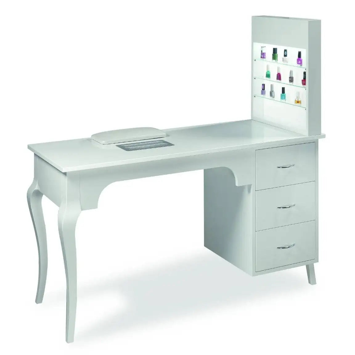 Marylin Wood Manicure Table - Includes: Display Rack for Polish, Nail Dust Collector, Hand Rest and 3 Drawers
