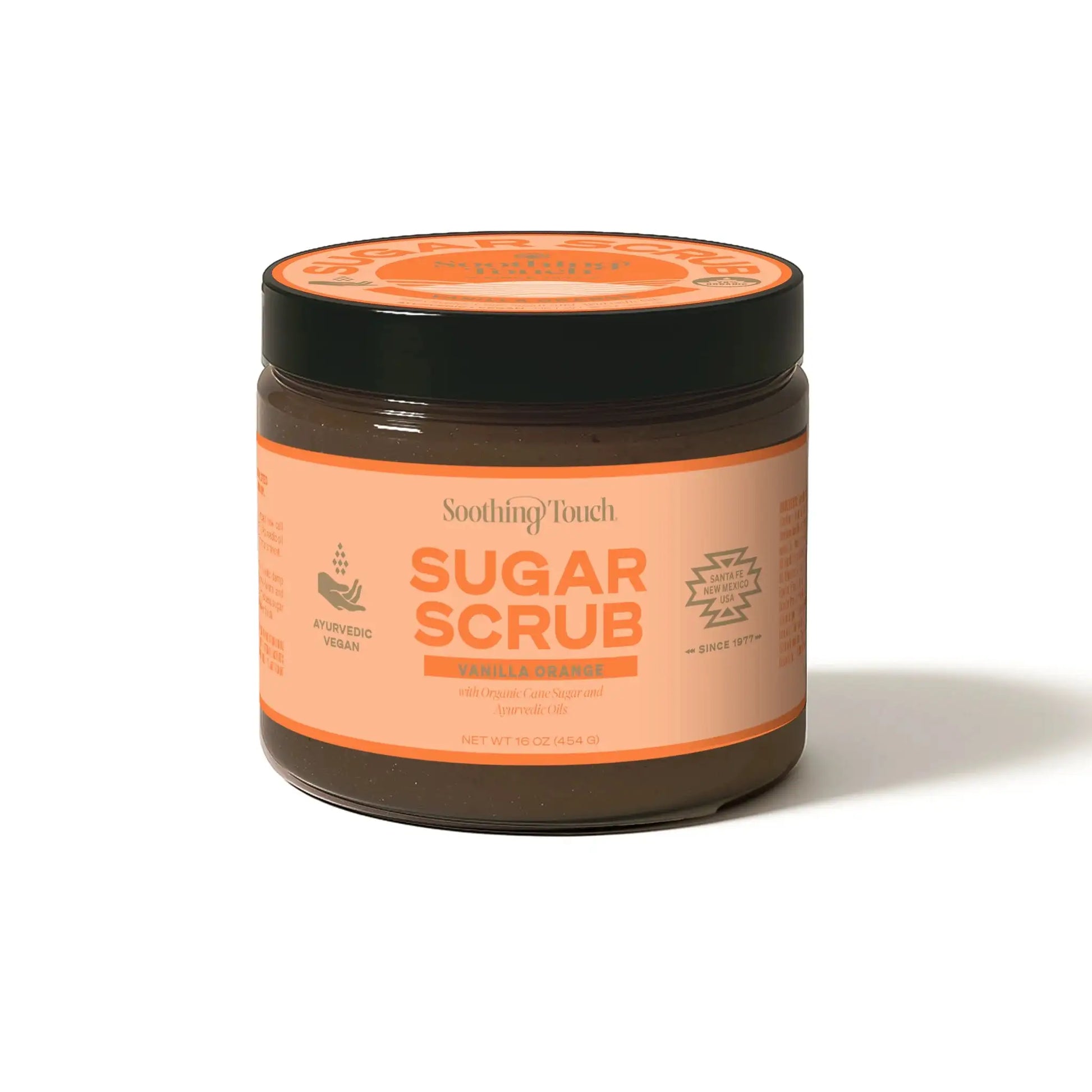 Soothing Touch Vanilla Orange Brown Sugar Scrub, 16 oz jar of brown sugar body polish with vanilla and sweet orange essential oils