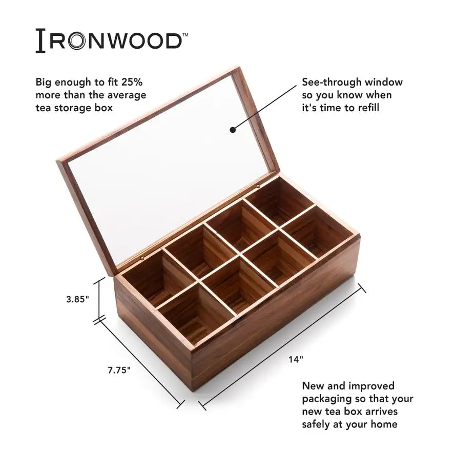 Ironwood Cornwall Tea Box, 8 Compartments, 13.75"x7.5"x4.75"