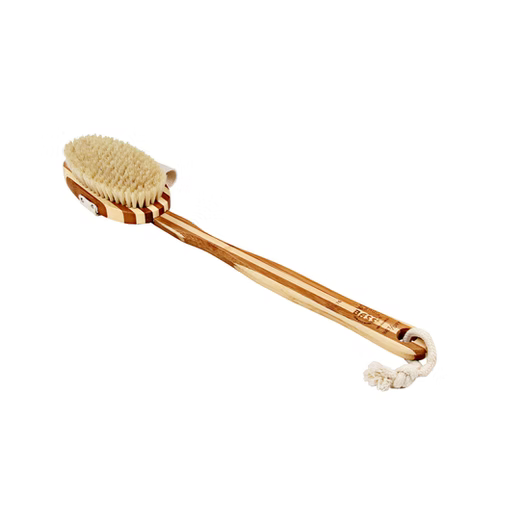 Bass Brushes natural boar-bristle oval dry body brush with long natural bamboo handle and detachable head.
