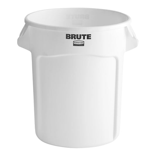 White plastic Rubbermaid BRUTE round container, 20 gallon, 22 7/8 inches tall
