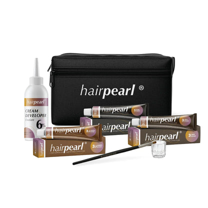 Hairpearl Tint Starter Kit with black zippered pouch, three tint shades, developer, and tools for lash and brow services