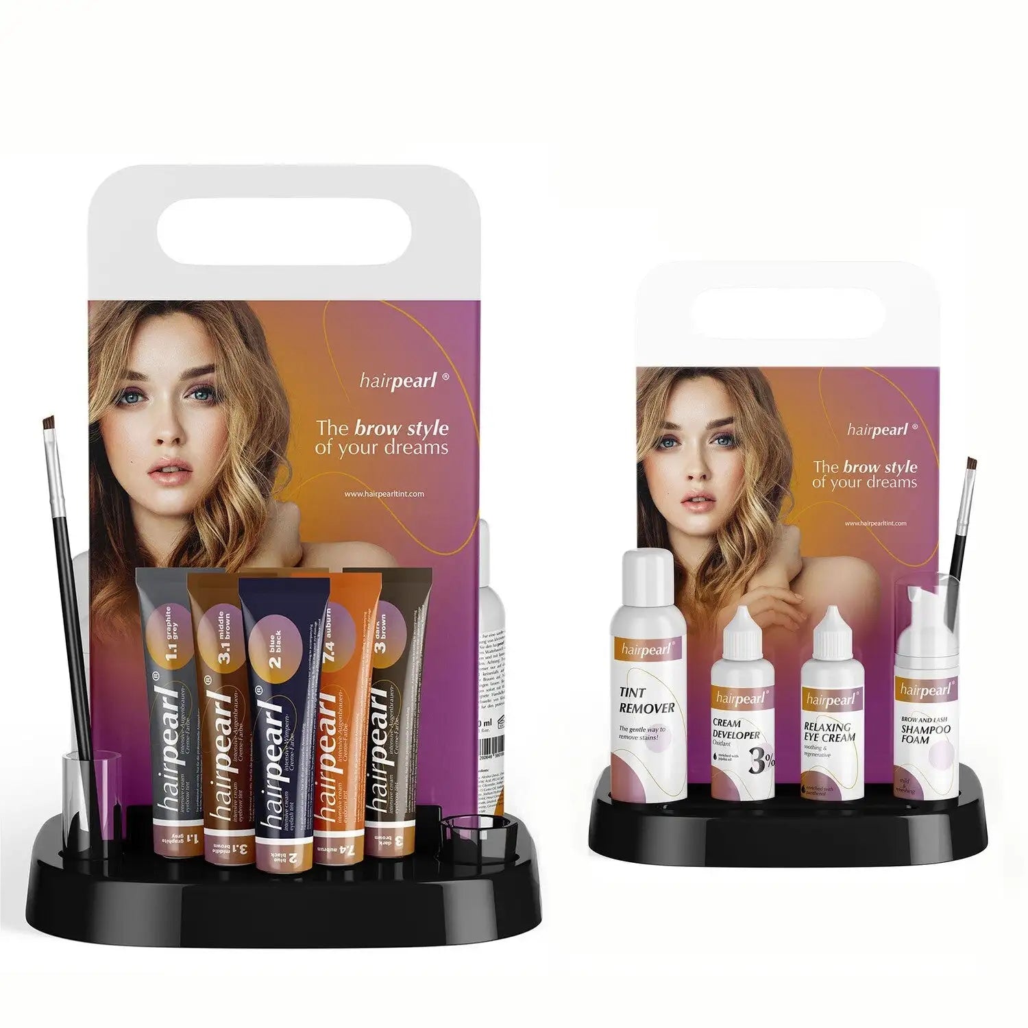 Hairpearl black trolley-mount tint workflow station holding color tubes, developer, and lash tools