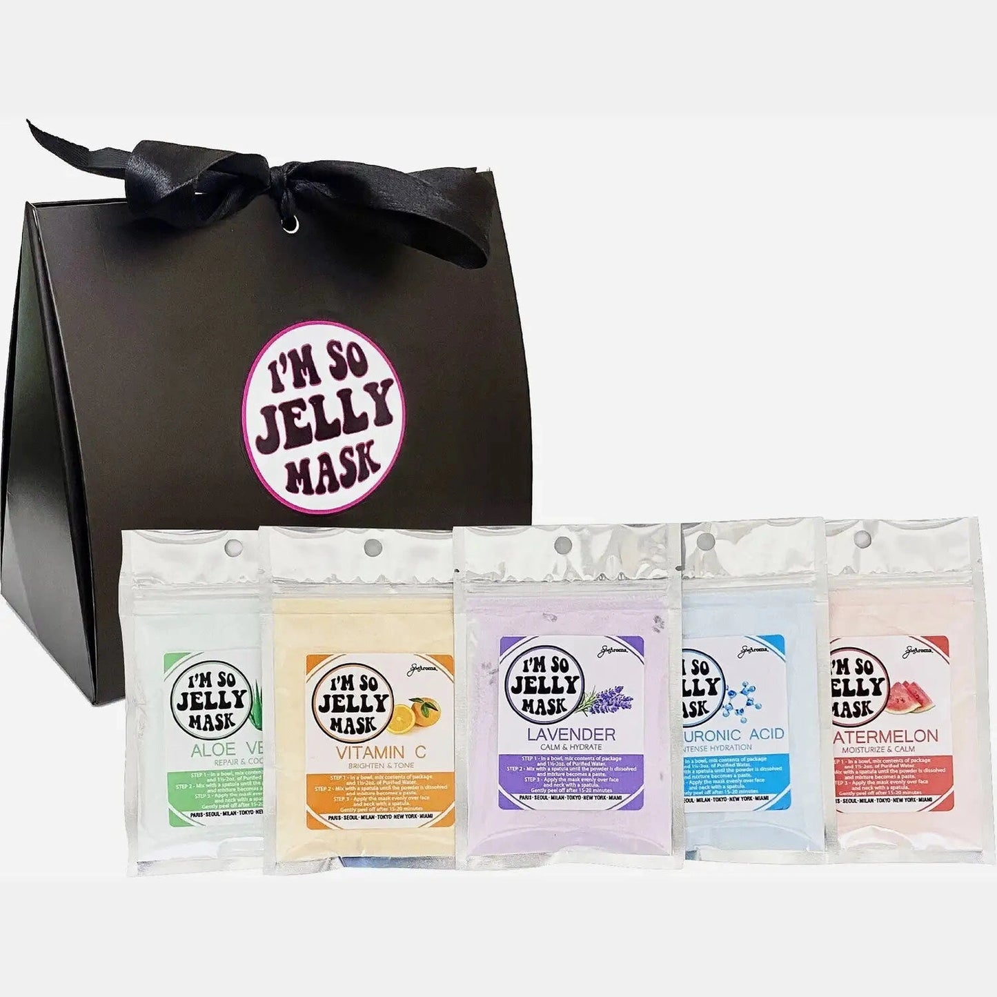 I'm So Jelly Mask Sample Kit gift box with five hydrating HydroJelly face mask variants in black packaging