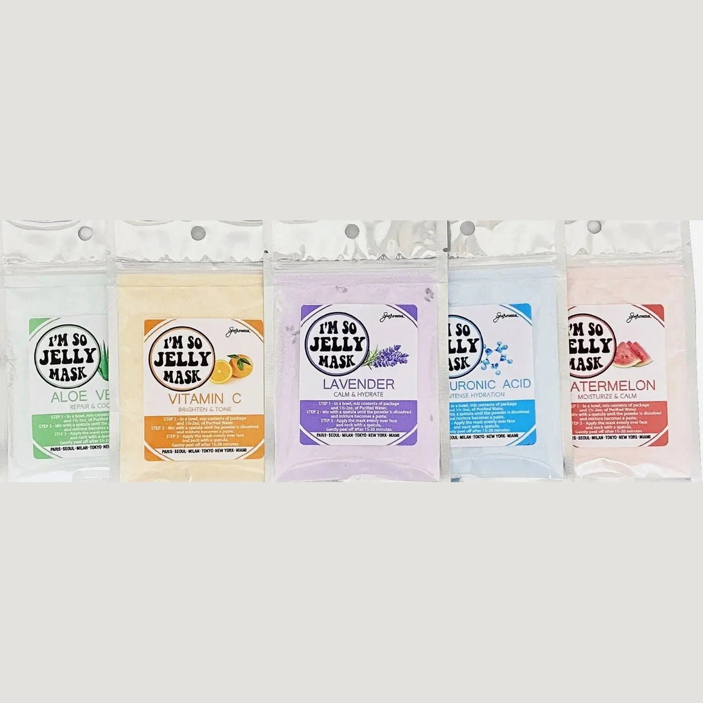 I'm So Jelly Mask Sample Kit five HydroJelly face mask pouches Aloe Vera Vitamin C Lavender Hyaluronic Acid Watermelon