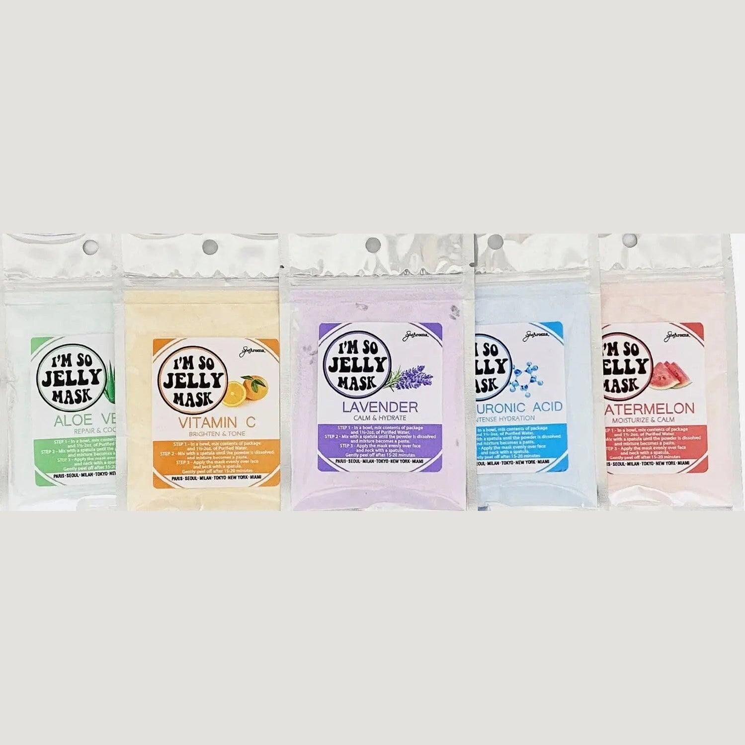 I'm So Jelly Mask Sample Kit five HydroJelly face mask pouches Aloe Vera Vitamin C Lavender Hyaluronic Acid Watermelon