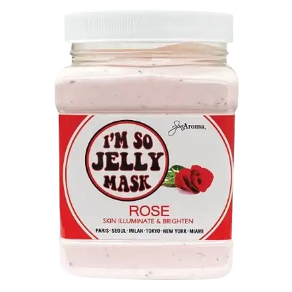 Rose hydrojelly facial mask jar with red rose label and speckled pink texture