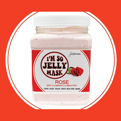 Front view of I'm So Jelly Rose mask jar on orange background highlighting skin brightening formula