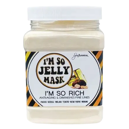 I'm So Rich Jelly Mask in clear jar with gold bar and truffle graphic for anti-aging