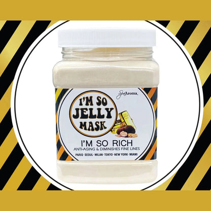 I'm So Rich hydrojelly mask product shot on black and gold striped background
