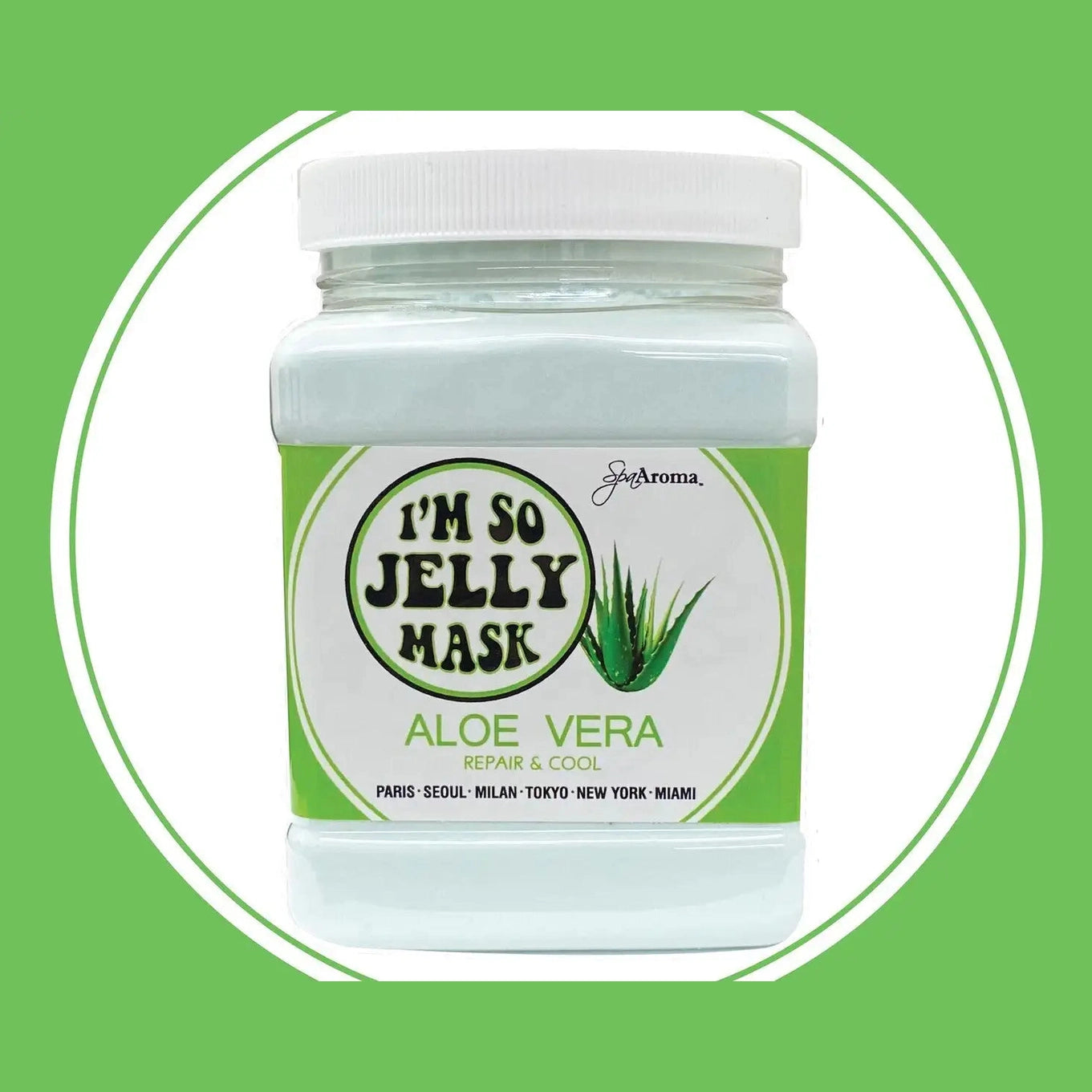 I'm So Jelly Aloe Vera Face Mask in clear jar with green jelly and aloe illustration