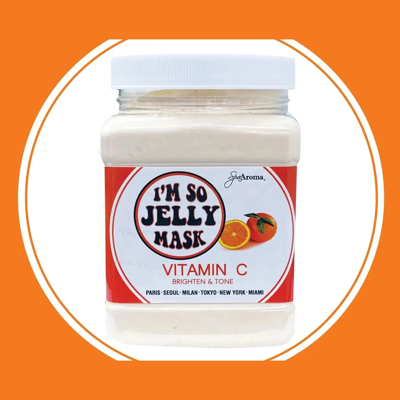 Vitamin C hydrating facial mask for dull skin in white jar against orange background