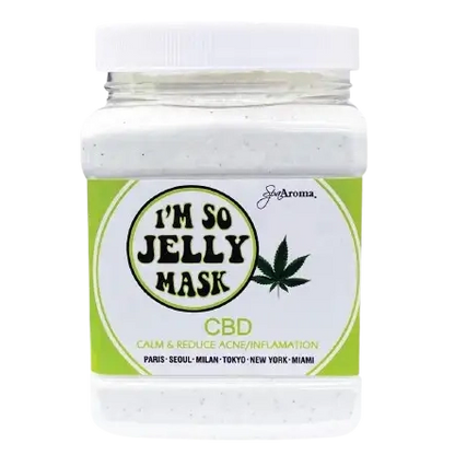 SpaAroma I'm So Jelly HydroJelly Mask jar showing CBD formula texture and green label