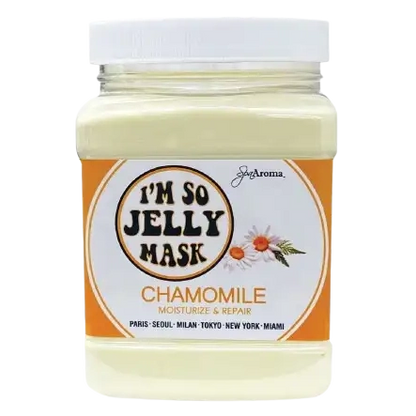 Chamomile hydrojelly face mask in clear jar with white lid and JoyAroma branding