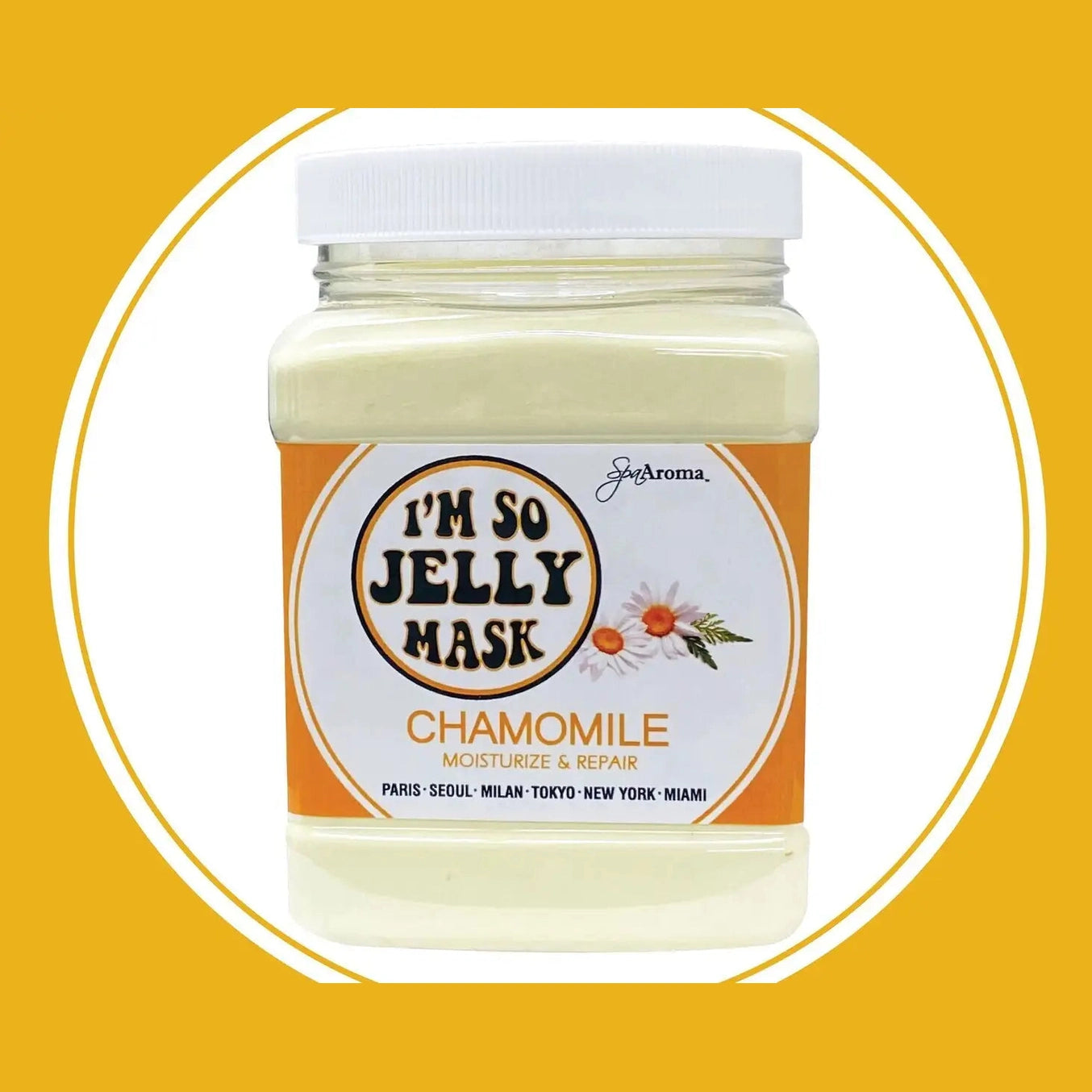 I'm So Jelly Chamomile Mask jar with orange label and chamomile flowers on mustard background