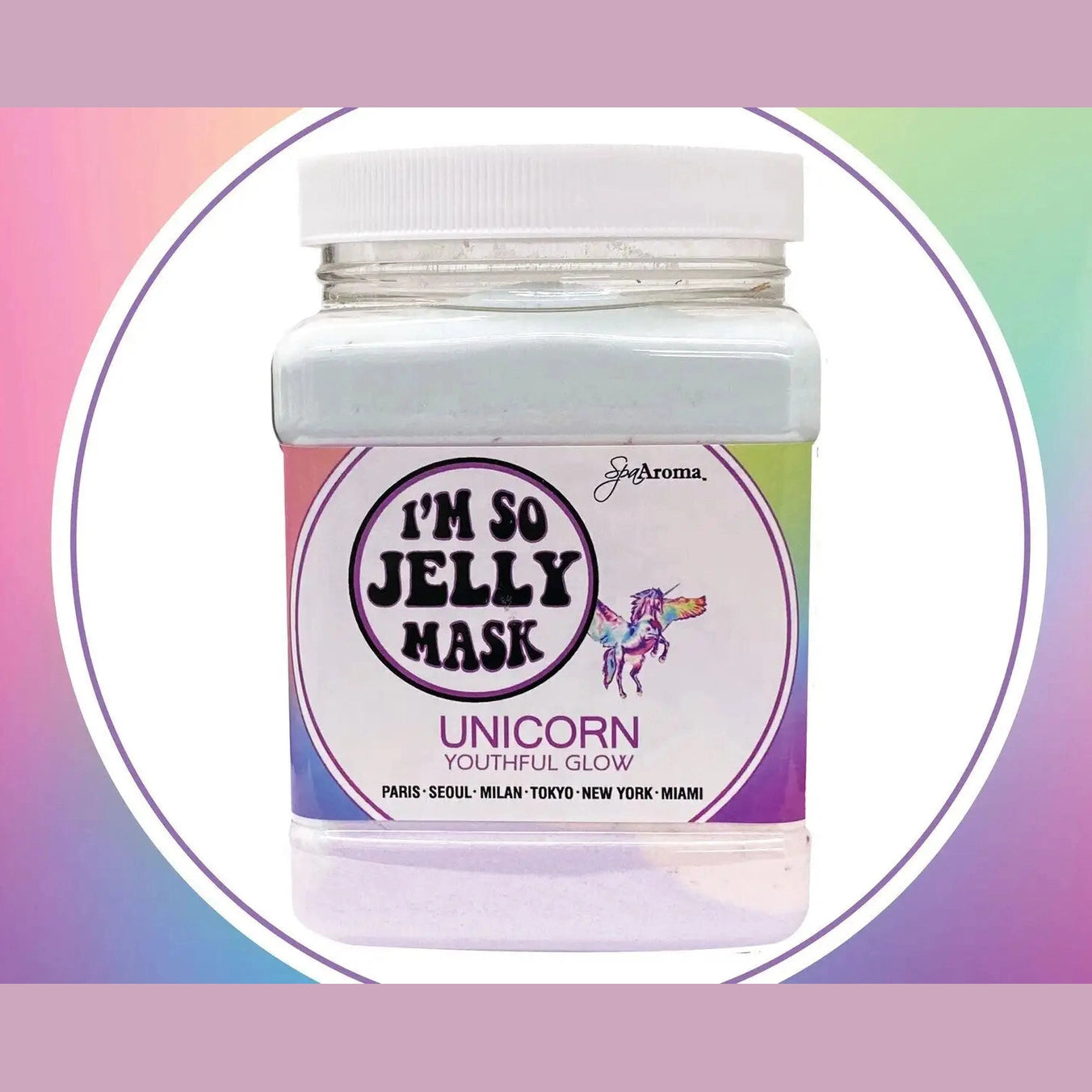 Unicorn I'm So Jelly Mask jar with rainbow gradient label and youthful glow text