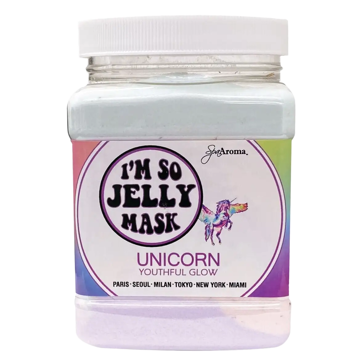Unicorn I'm So Jelly Mask in pale lavender-pink jelly with city names on label