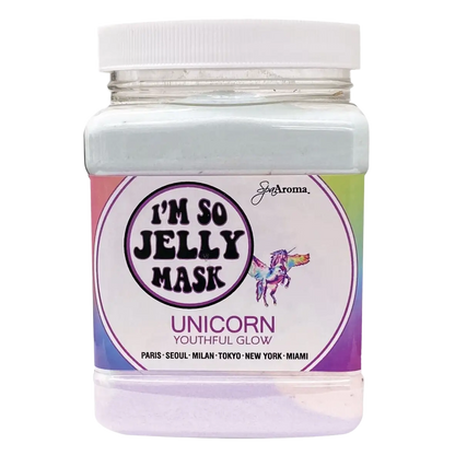 Unicorn I'm So Jelly Mask in pale lavender-pink jelly with city names on label
