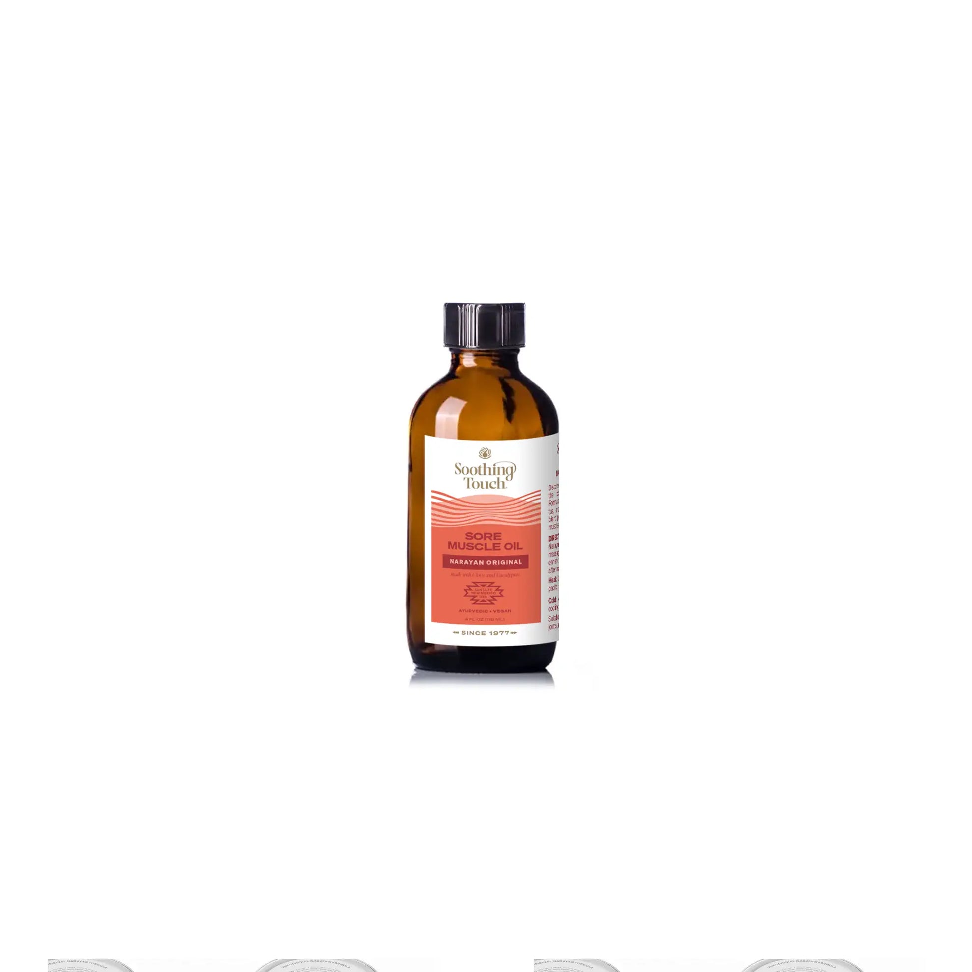 Soothing Touch Sore Muscle Oil Narayan Original, 4 oz bottle of Ayurvedic sesame oil with clove, eucalyptus, peppermint essentials