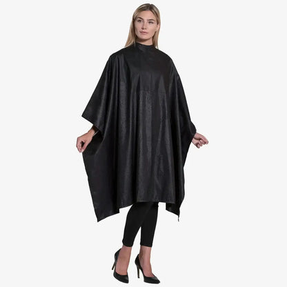 Betty Dain Cosmix All Purpose Chemical Proof Cape in black embossed nylon, 52 by 58 inches, waterproof neck panel with snap closure