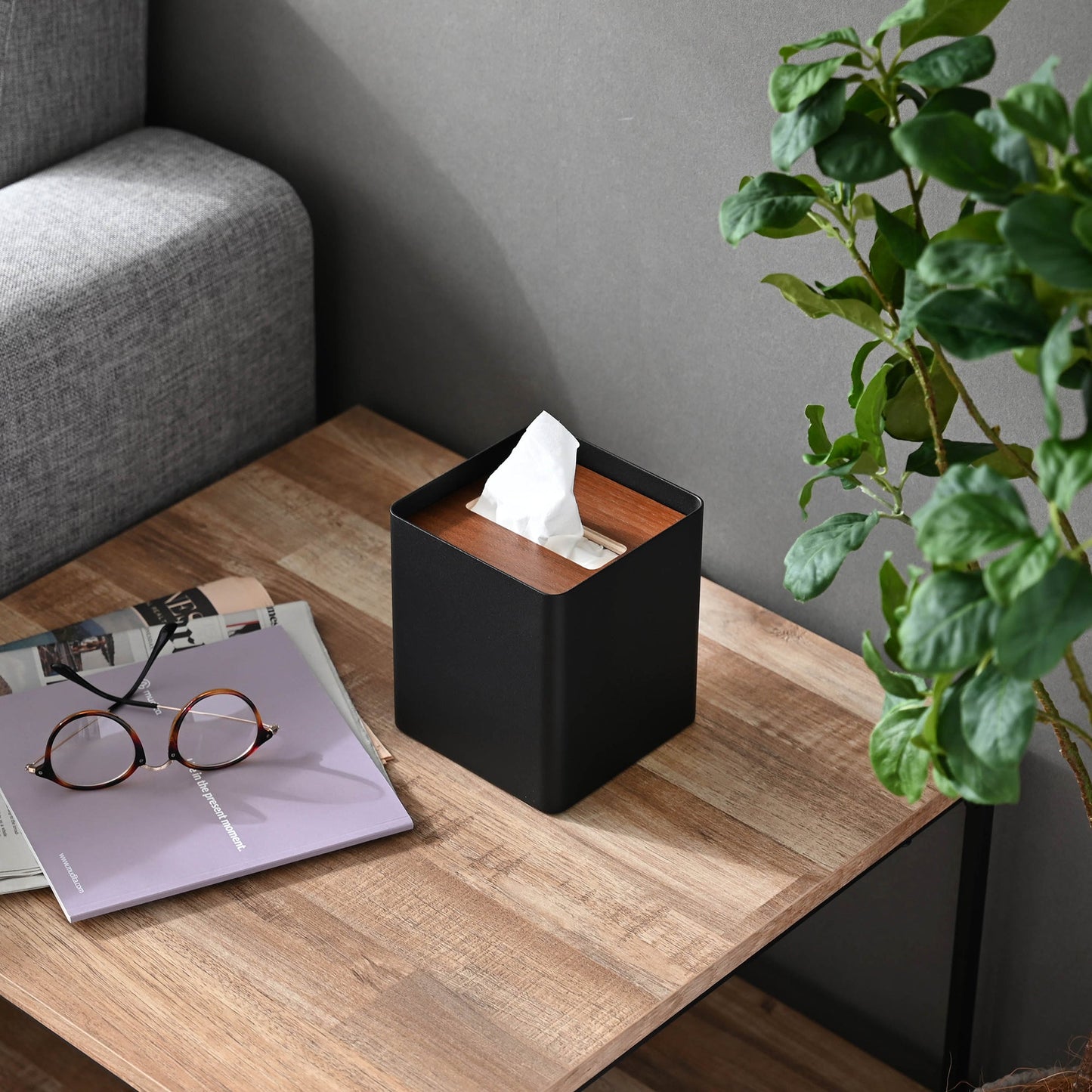 Black Tissue Case on coffee table by Yamazaki Home.