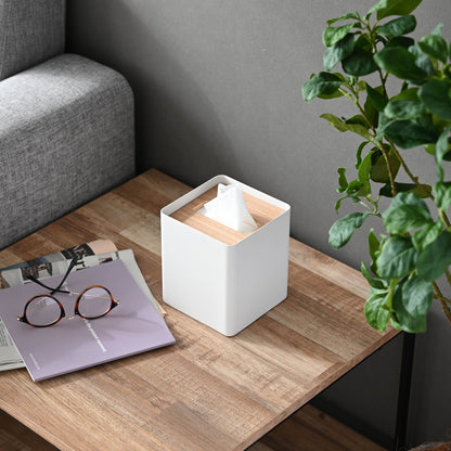 White Tissue Case on coffee table by Yamazaki Home.