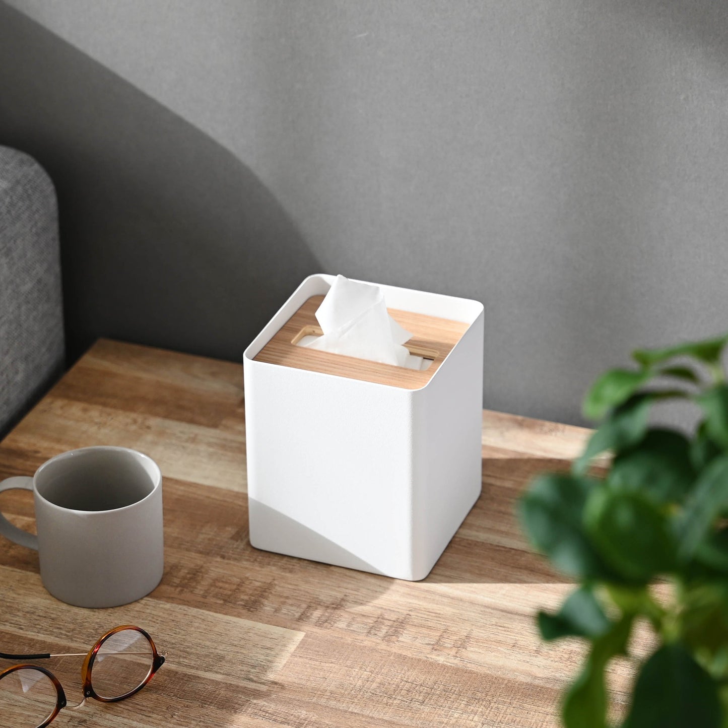 White Tissue Case on coffee table by Yamazaki Home.