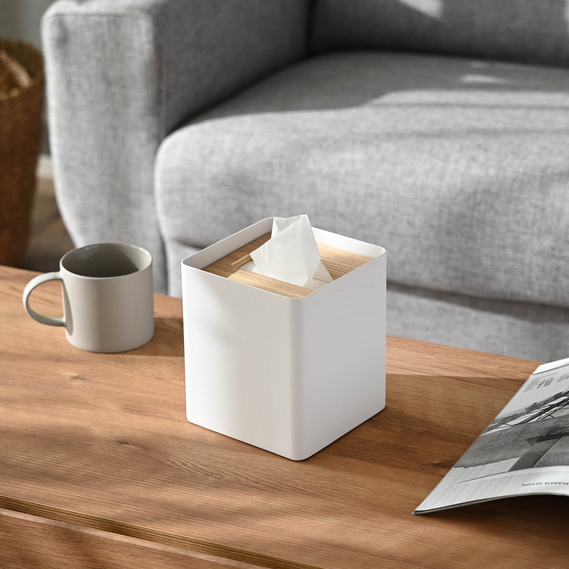 White Tissue Case on coffee table by Yamazaki Home.