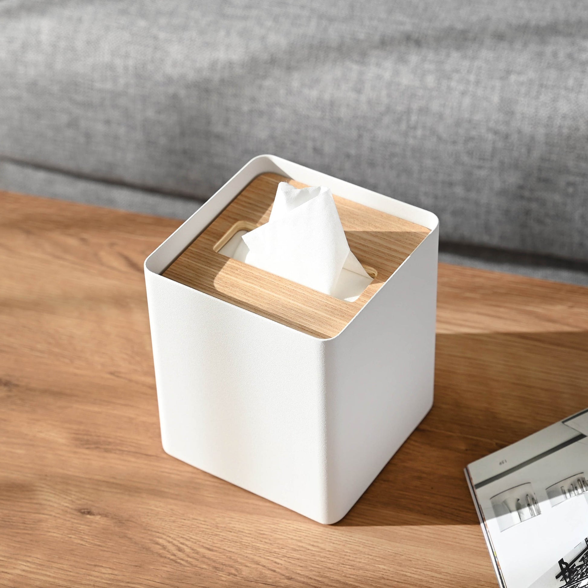 White Tissue Case on coffee table by Yamazaki Home.