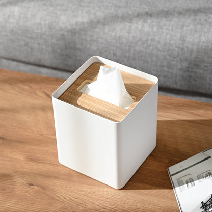 White Tissue Case on coffee table by Yamazaki Home.