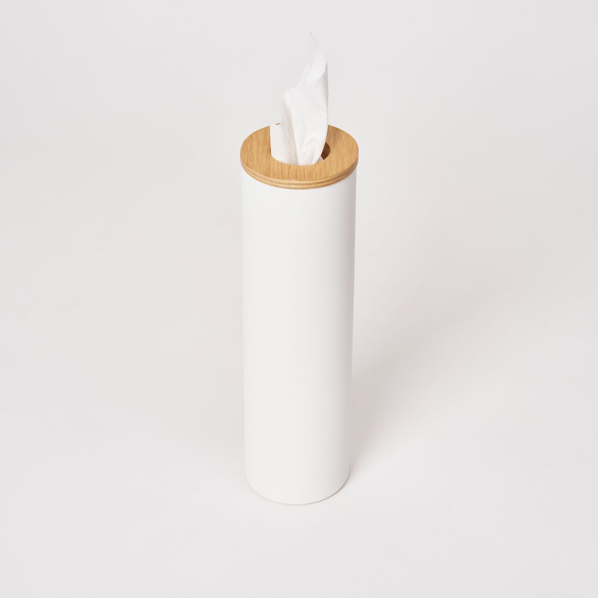 Yamazaki Home Round Tissue Case with props, set against a white background.