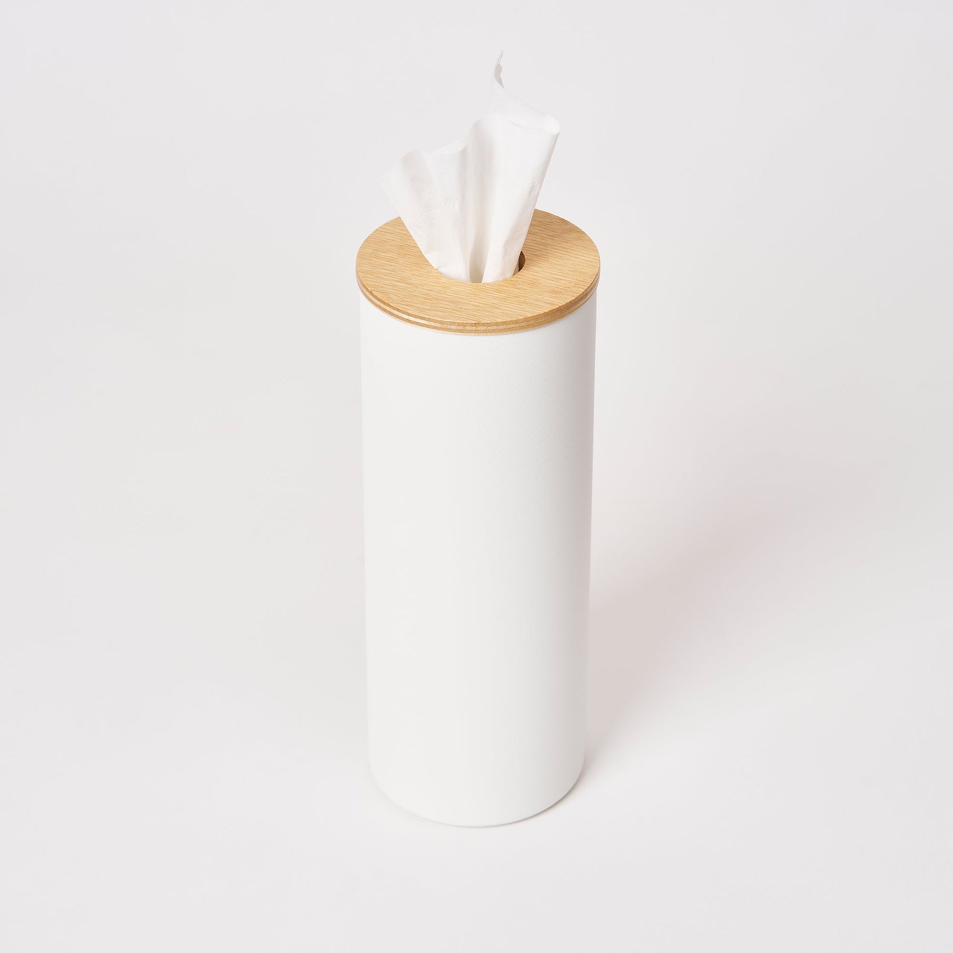 Yamazaki Home Round Tissue Case with props, set against a white background.