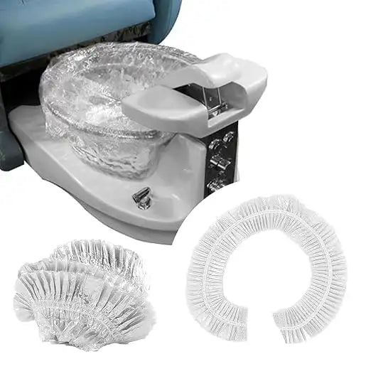 Clear elastic foot spa liner installed in white pedicure bowl showing ruffled texture and universal fit