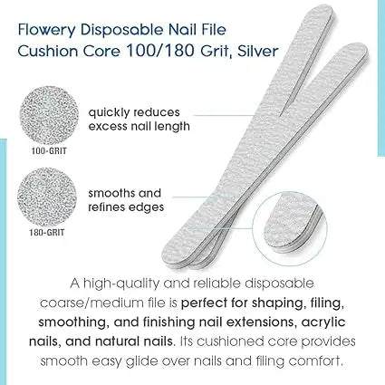 Flowery Disposable Cushion Core Nail File, 100/180 Grit, Silver - 100 ct