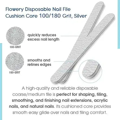 Flowery Disposable Cushion Core Nail File, 100/180 Grit, Silver - 100 ct
