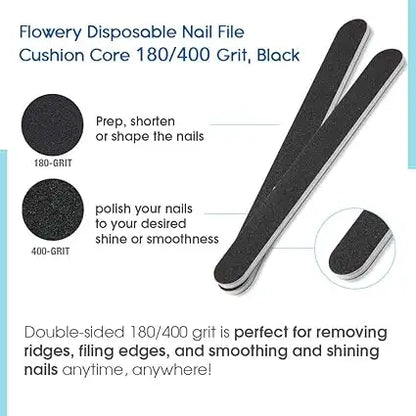Flowery Cushion Core Nail File 180/400 Grit, Black - 100 Ct