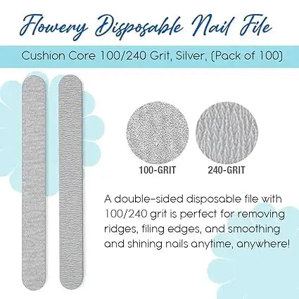 Flowery Disposable Cushion Core Nail File, 100/240 Grit, Silver - 100 ct
