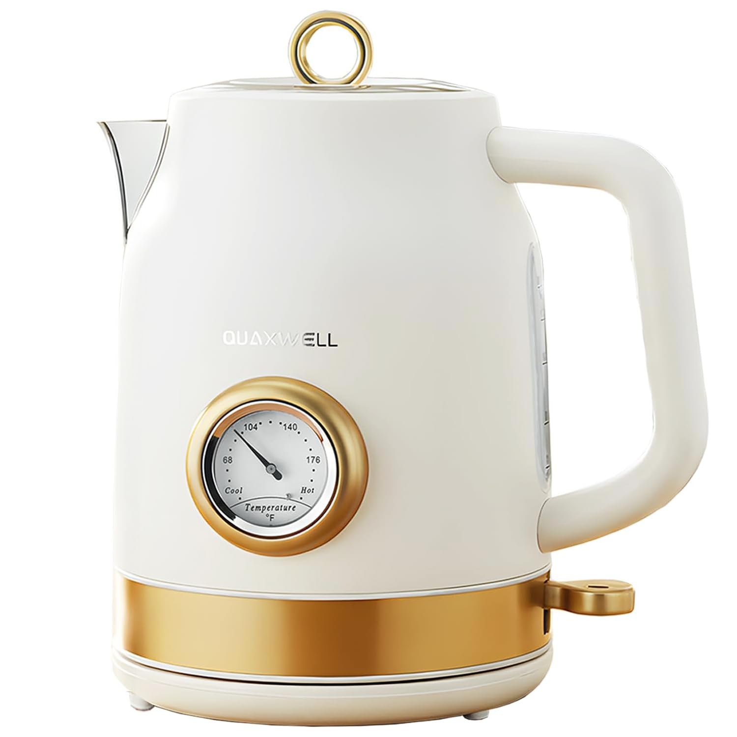 Retro electric water kettle in matte white with gold-tone trim and dial thermometer