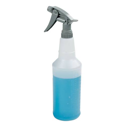 32 oz chemical resistant spray bottle with gray trigger and translucent white body