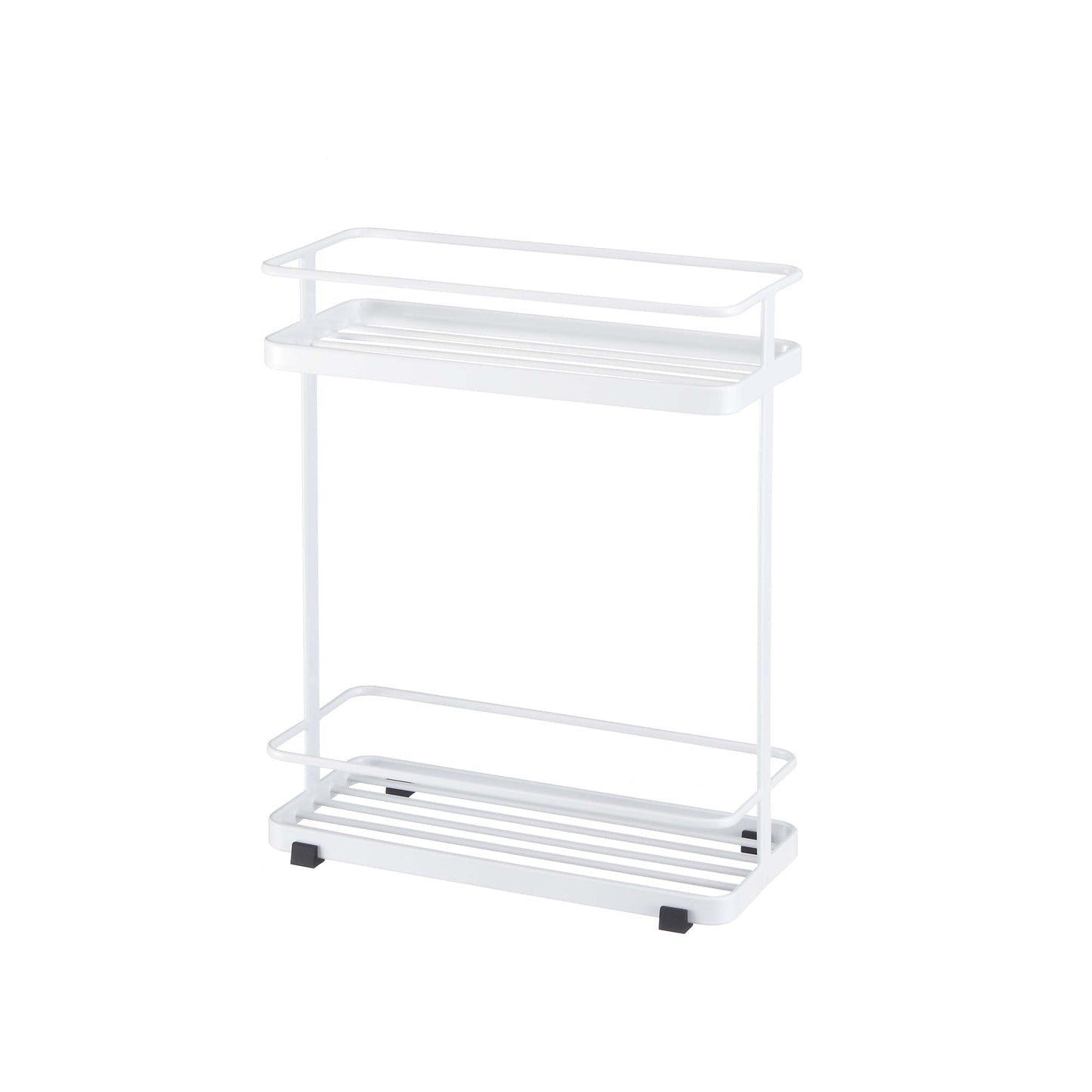 White metal storage rack with two shelves on a white background