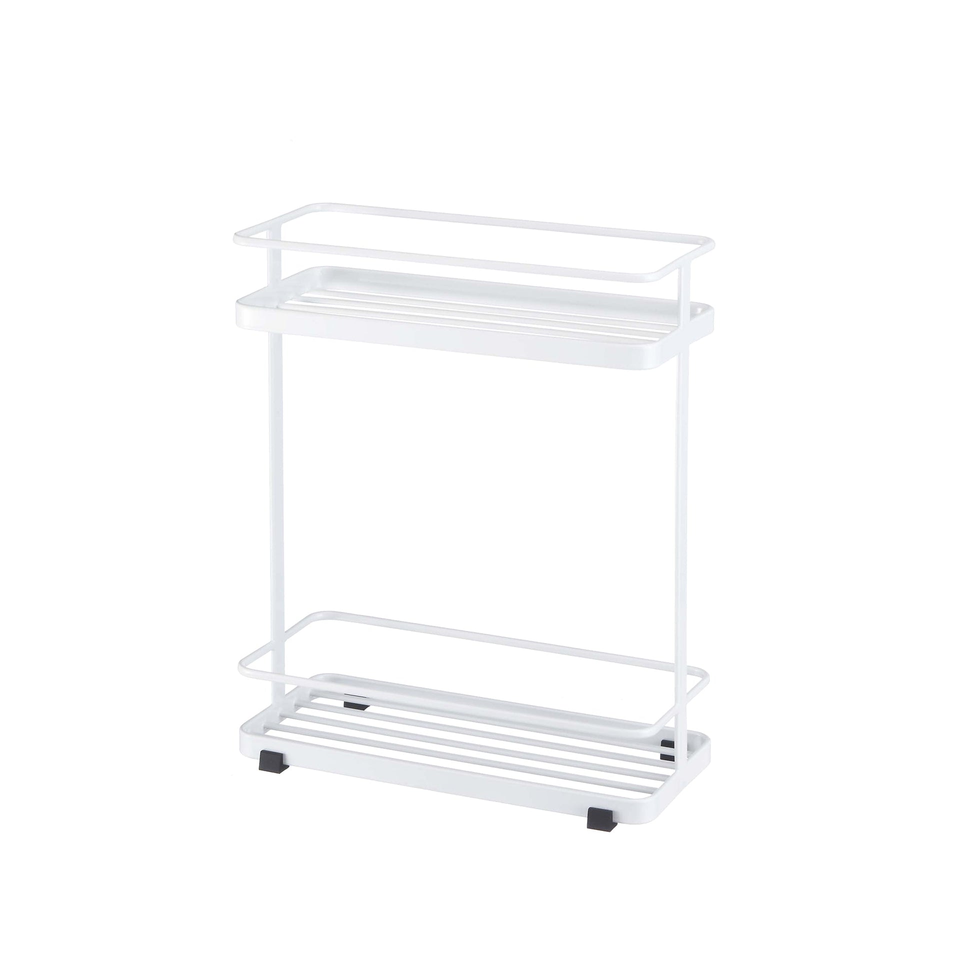 White metal storage rack with two shelves on a white background