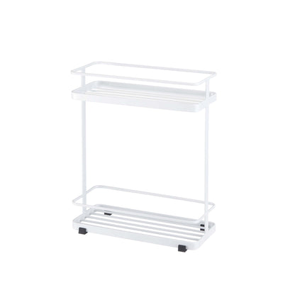 White metal storage rack with two shelves on a white background