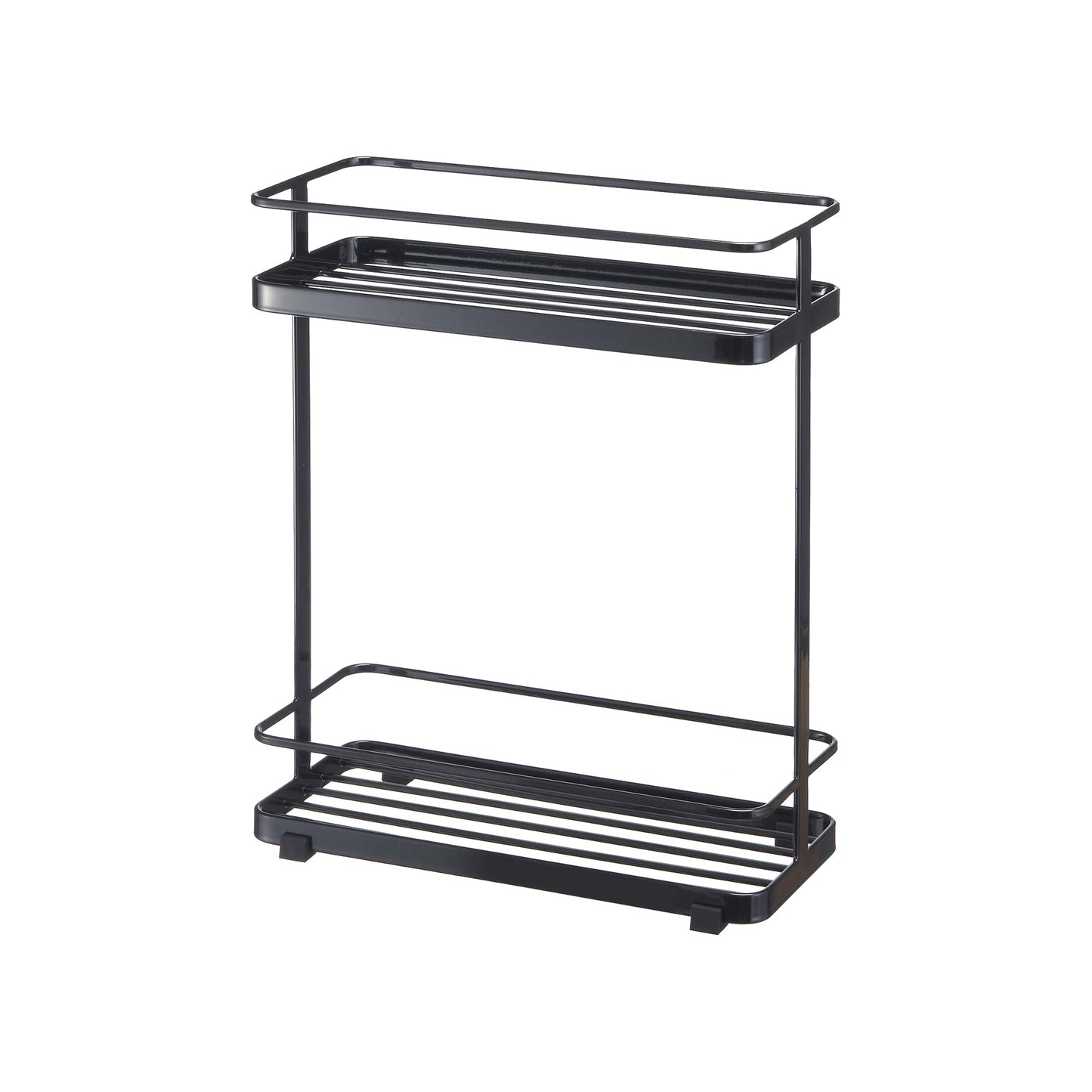 Black metal two-tier shelf on a white background