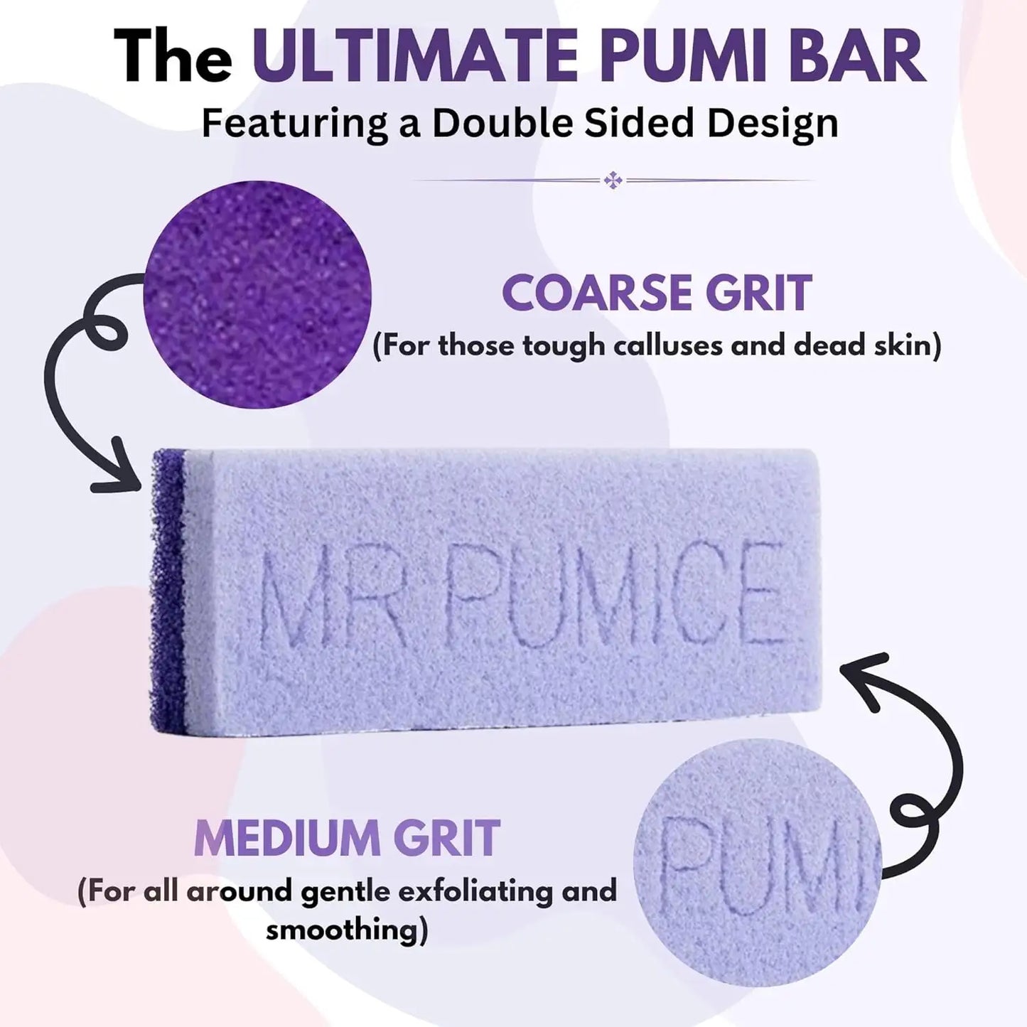 Dual-sided pumice bar with coarse purple and medium lavender grit for callus removal