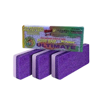 Packaged dual-sided pumice pad set with extra coarse purple and medium lavender sides
