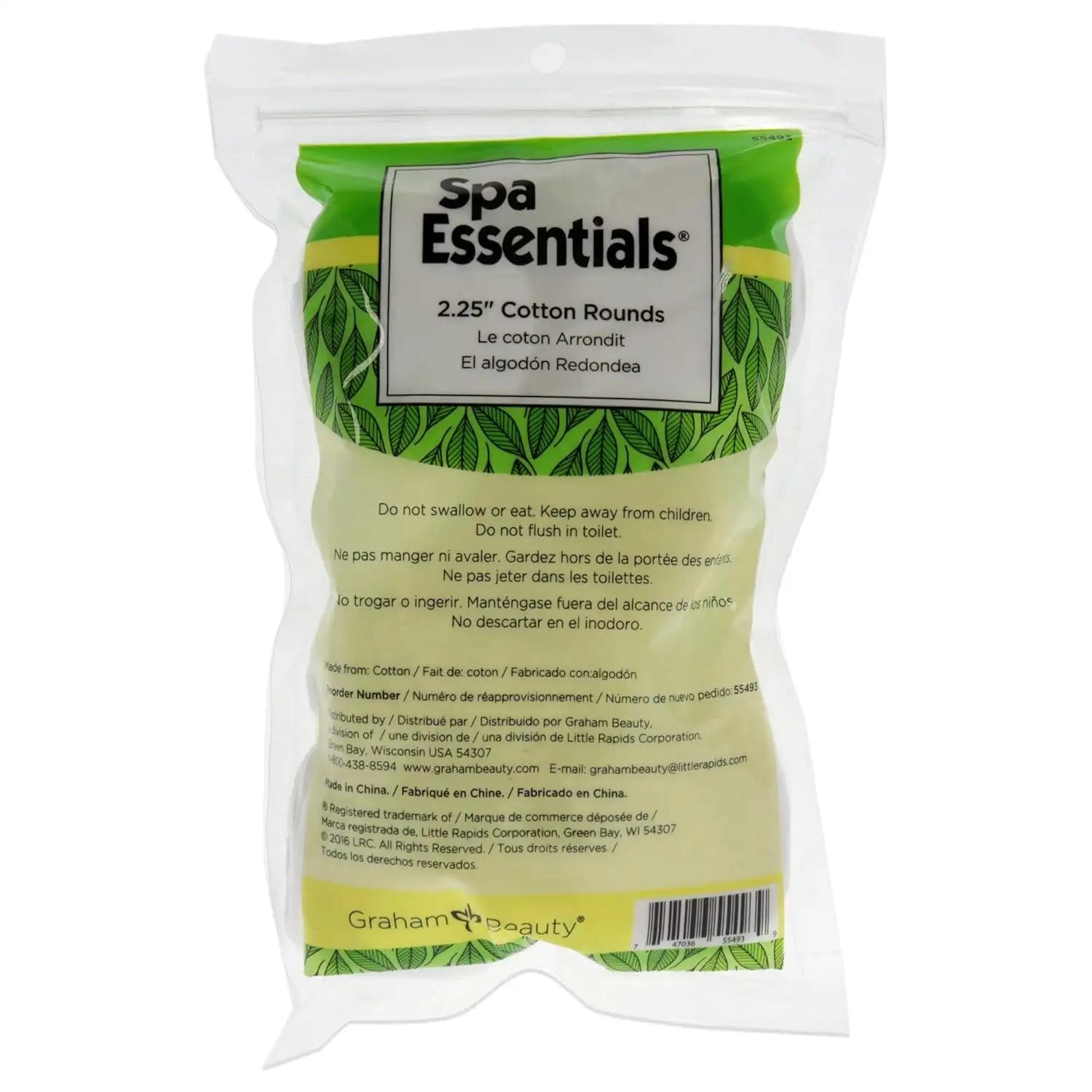 Spa Essentials cotton rounds packaging back with safety warnings and Graham Beauty distributor info