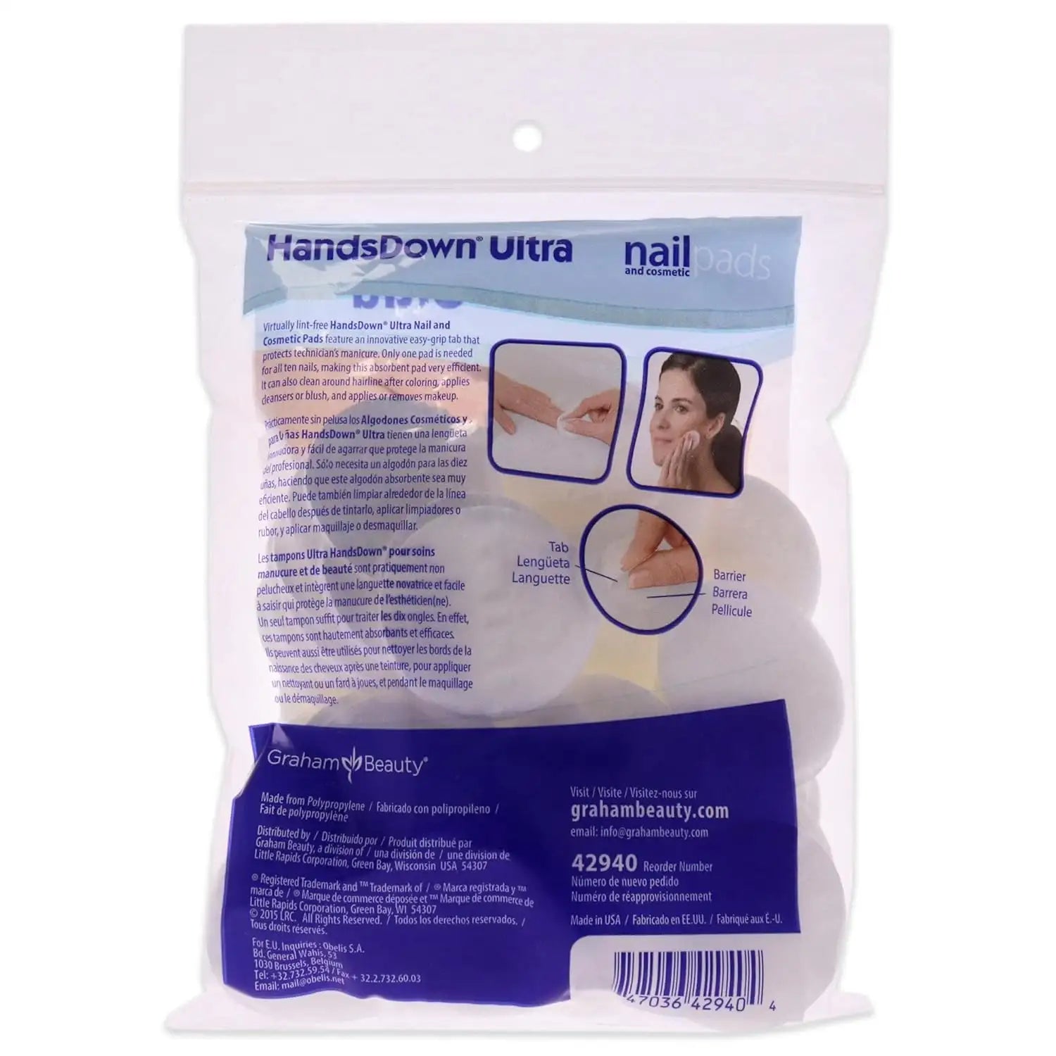HandsDown Ultra Nail and Cosmetic Pads packaging showing polypropylene material and multilingual labeling