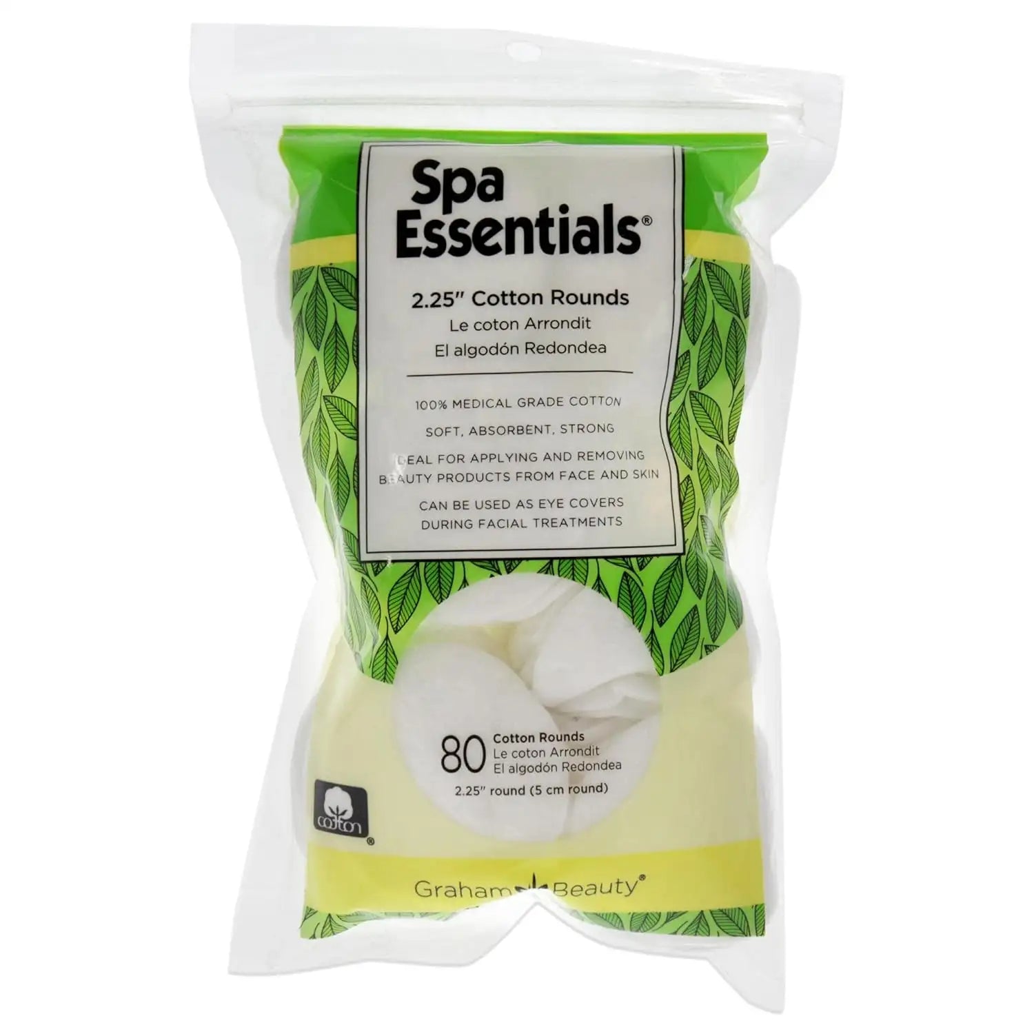 Front view of Spa Essentials medical grade cotton rounds in resealable pouch for facial cleansing