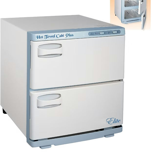 Elite Hot Towel Cabi Plus two-level white and blue spa cabinet with dual doors