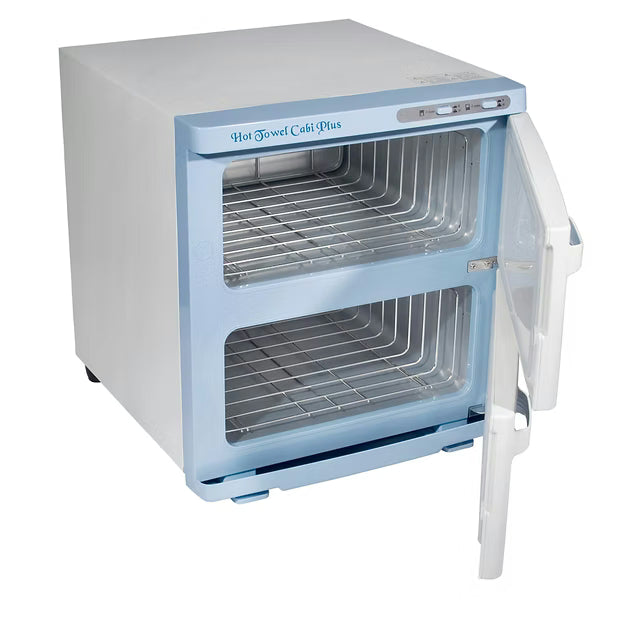 Open Elite Hot Towel Cabi Plus showing dual wire racks for 48 facial towels